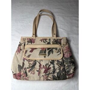 B Collection Floral Tapestry Shoulder Bag Beige Pink Vintage Rose Tote Pocket